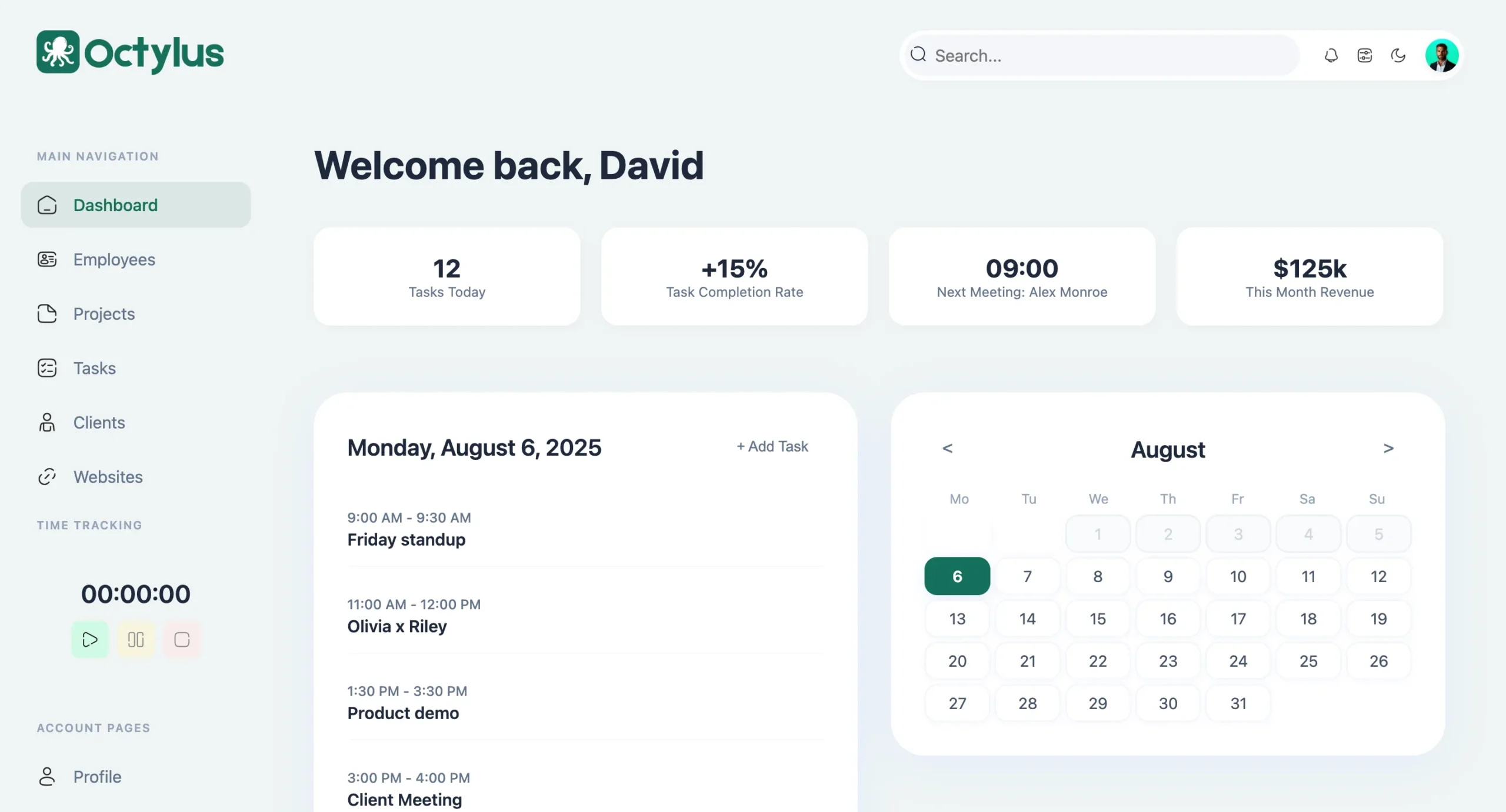 All in one business dashboard of Octylus software for managing projects and clients