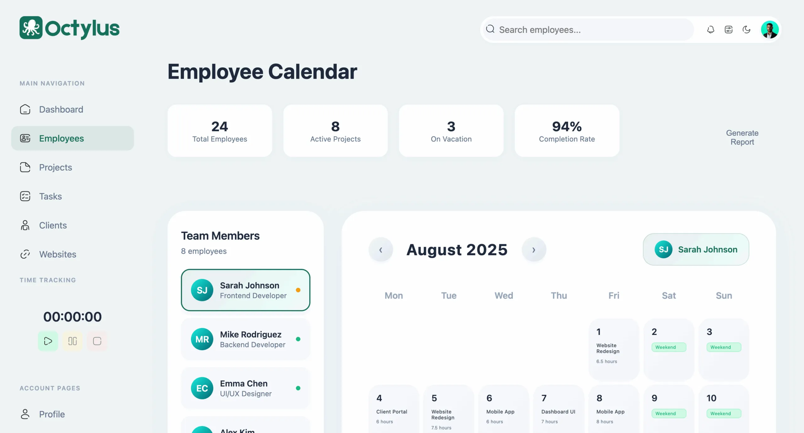 All in one business employee screen of Octylus software for tracking staff profiles and work hours