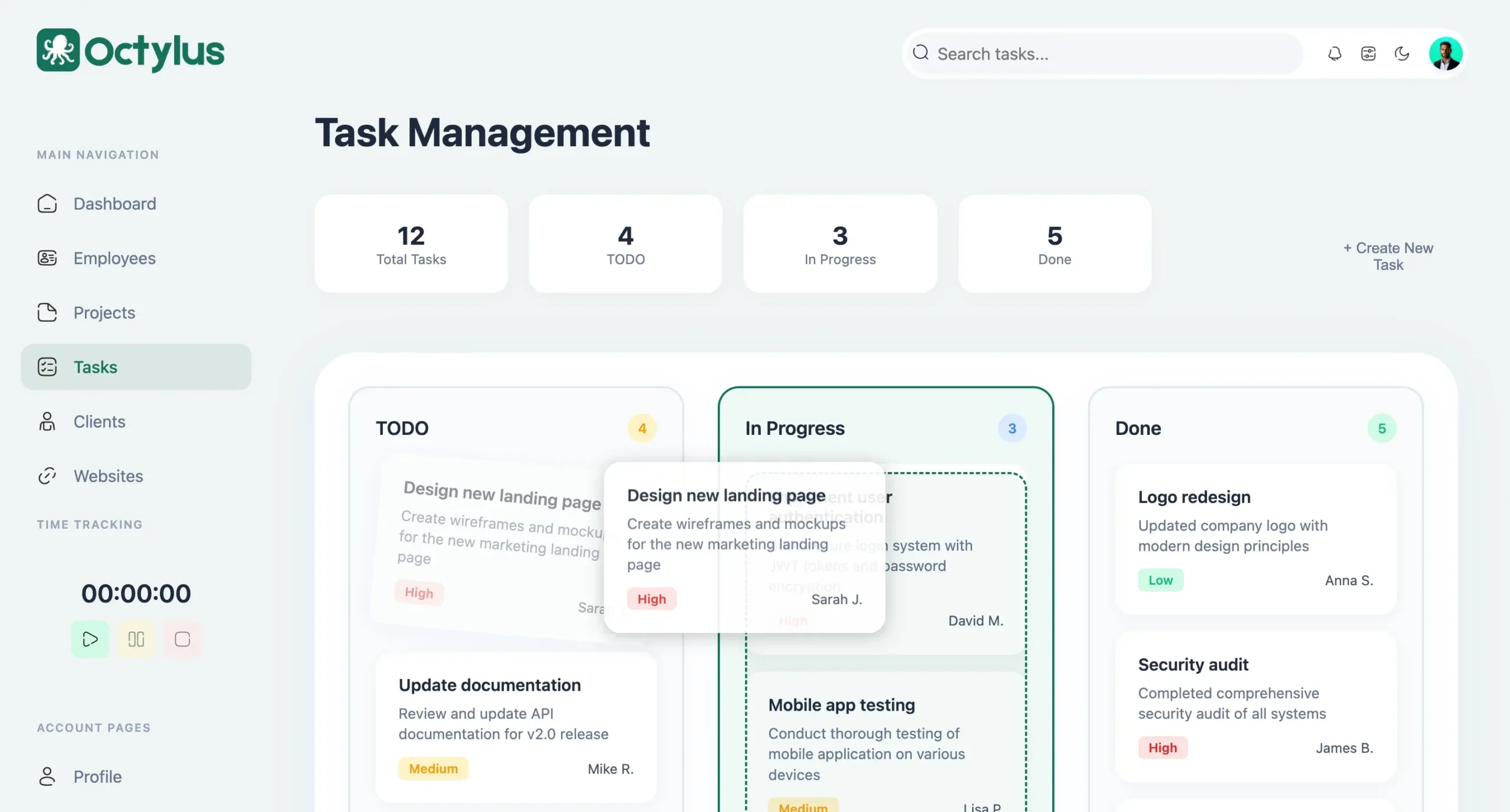 All in one business task management screen of Octylus software for organizing and tracking team tasks efficiently