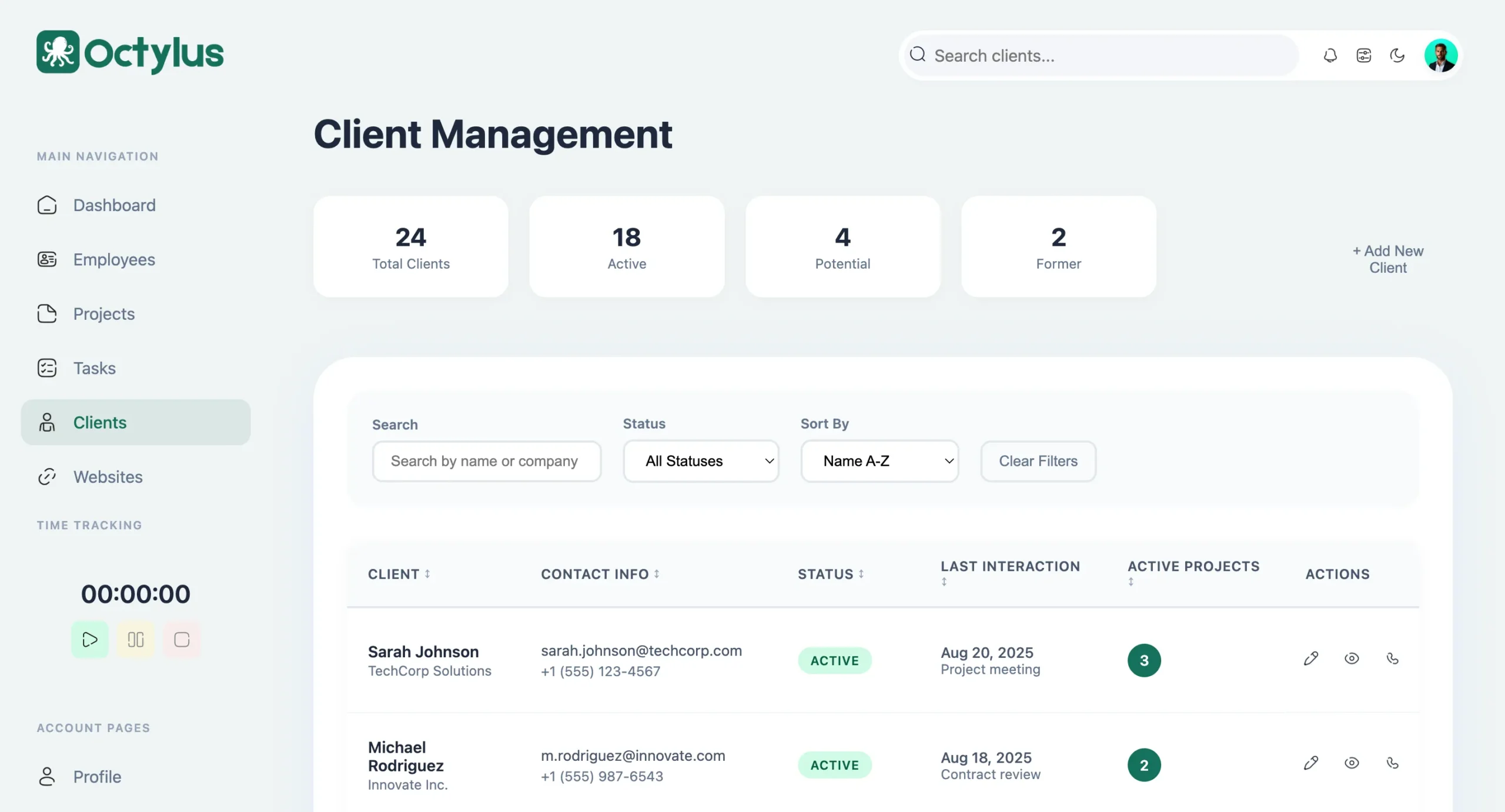 All in one business client management screen of Octylus software for organizing client data and interactions