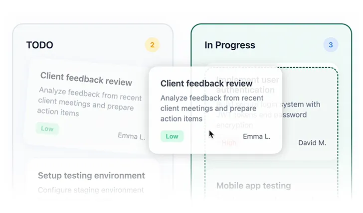 All in one business feature of Octylus software showing drag and drop task management between columns